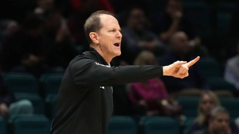 Dec 2, 2023; Las Vegas, Nevada, USA; Washington Huskies coach Mike Hopkins gestures in the second half against the Colorado State Rams during the Legends of Basketball Las Vegas Invitational at MGM Grand Garden Arena. Mandatory Credit: Kirby Lee-USA TODAY Sports