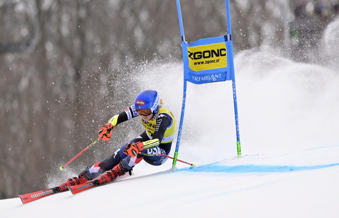 Dec 3, 2023; Mont Tremblant, Quebec, CAN; Mikaela Shiffrin of the United States during the first run of the giant slalom race in the women's alpine skiing World Cup at Mont Tremblant. Mandatory Credit: Eric Bolte-USA TODAY Sports