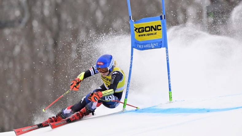 Dec 3, 2023; Mont Tremblant, Quebec, CAN; Mikaela Shiffrin of the United States during the first run of the giant slalom race in the women's alpine skiing World Cup at Mont Tremblant. Mandatory Credit: Eric Bolte-USA TODAY Sports