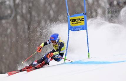 Dec 3, 2023; Mont Tremblant, Quebec, CAN; Mikaela Shiffrin of the United States during the first run of the giant slalom race in the women's alpine skiing World Cup at Mont Tremblant. Mandatory Credit: Eric Bolte-USA TODAY Sports