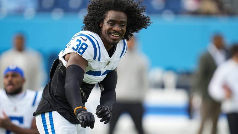 Indianapolis Colts cornerback Tony Brown (38) warms up Sunday, Dec. 3, 2023, before facing the Tennessee Titans at Nissan Stadium in Nashville, Tenn.