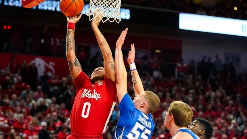 Dec 3, 2023; Lincoln, Nebraska, USA; Nebraska Cornhuskers guard C.J. Wilcher (0) shoots the ball against the Creighton Bluejays during the first half at Pinnacle Bank Arena. Mandatory Credit: Dylan Widger-USA TODAY Sports