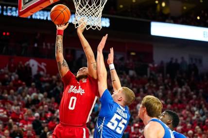 Dec 3, 2023; Lincoln, Nebraska, USA; Nebraska Cornhuskers guard C.J. Wilcher (0) shoots the ball against the Creighton Bluejays during the first half at Pinnacle Bank Arena. Mandatory Credit: Dylan Widger-USA TODAY Sports