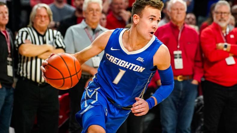 Dec 3, 2023; Lincoln, Nebraska, USA; Creighton Bluejays guard Steven Ashworth (1) turns after getting a rebound against the Nebraska Cornhuskers during the first half at Pinnacle Bank Arena. Mandatory Credit: Dylan Widger-USA TODAY Sports