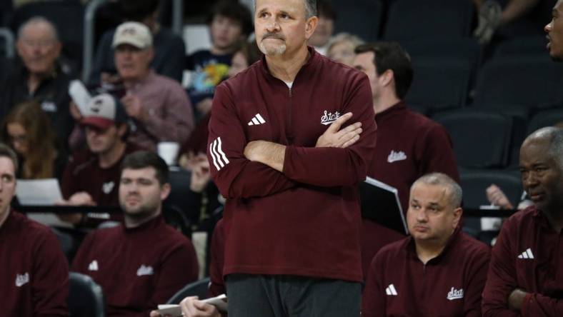 Dec 3, 2023; Starkville, Mississippi, USA; Mississippi State Bulldogs head coach Chris Jans watches during the second half against the Southern Jaguars at Humphrey Coliseum. Mandatory Credit: Petre Thomas-USA TODAY Sports