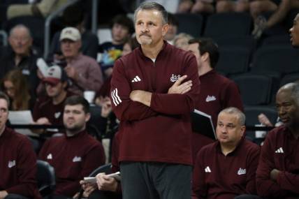 Dec 3, 2023; Starkville, Mississippi, USA; Mississippi State Bulldogs head coach Chris Jans watches during the second half against the Southern Jaguars at Humphrey Coliseum. Mandatory Credit: Petre Thomas-USA TODAY Sports