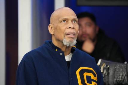 Dec 3, 2023; Inglewood, California, USA; Kareem Abdul-Jabbar attends the game between the Los Angeles Rams and the Cleveland Browns at SoFi Stadium. Mandatory Credit: Kirby Lee-USA TODAY Sports