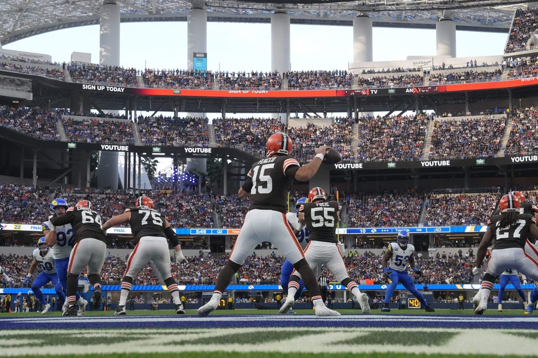 Dec 3, 2023; Inglewood, California, USA; A general overall view as Cleveland Browns quarterback Joe Flacco (15) throws the ball against the Los Angeles Rams in the second half at SoFi Stadium. Mandatory Credit: Kirby Lee-USA TODAY Sports