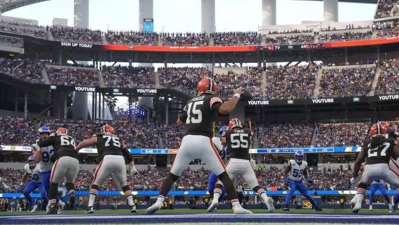 Dec 3, 2023; Inglewood, California, USA; A general overall view as Cleveland Browns quarterback Joe Flacco (15) throws the ball against the Los Angeles Rams in the second half at SoFi Stadium. Mandatory Credit: Kirby Lee-USA TODAY Sports