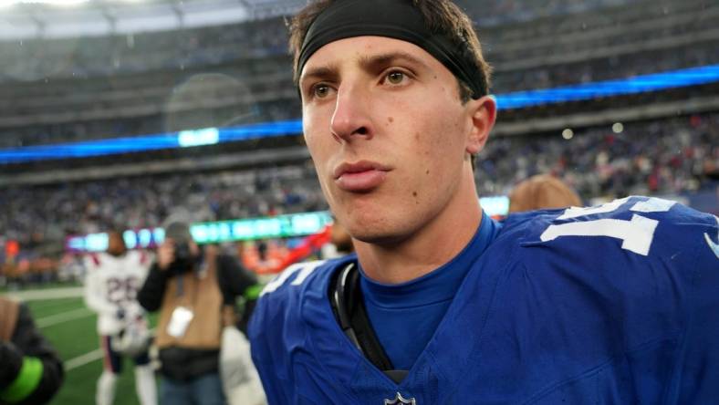 New York Giants quarterback Tommy DeVito (15) is shown after he won the first game he started in the NFL, 10-7, against the New England Patriots, Sunday, November 26, 2023.