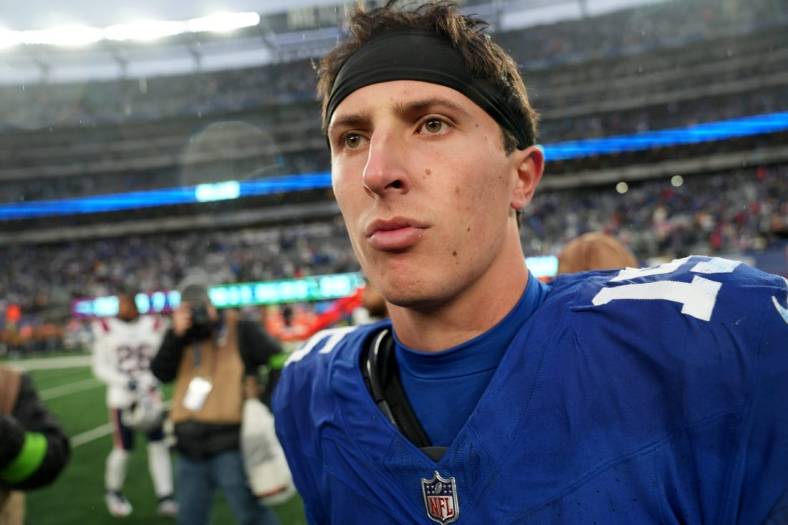 New York Giants quarterback Tommy DeVito (15) is shown after he won the first game he started in the NFL, 10-7, against the New England Patriots, Sunday, November 26, 2023.