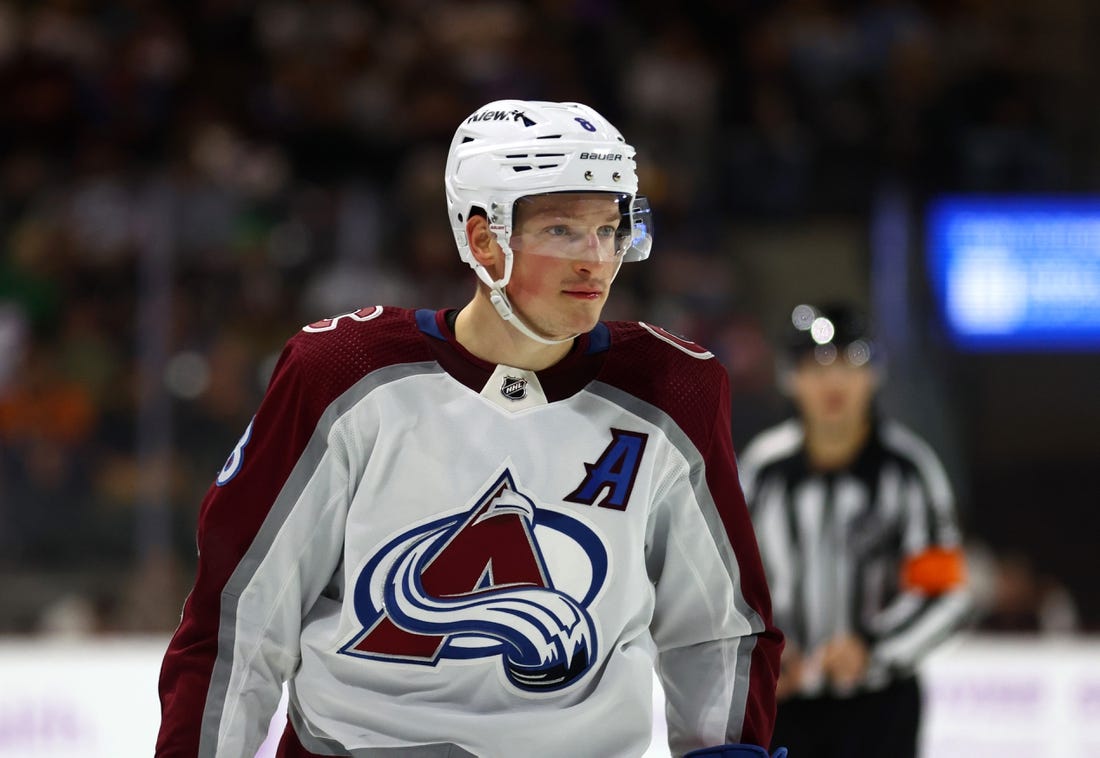 Nov 30, 2023; Tempe, Arizona, USA; Colorado Avalanche defenseman Cale Makar (8) against the Arizona Coyotes at Mullett Arena. Mandatory Credit: Mark J. Rebilas-USA TODAY Sports