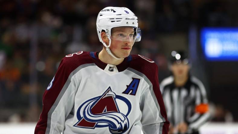 Nov 30, 2023; Tempe, Arizona, USA; Colorado Avalanche defenseman Cale Makar (8) against the Arizona Coyotes at Mullett Arena. Mandatory Credit: Mark J. Rebilas-USA TODAY Sports