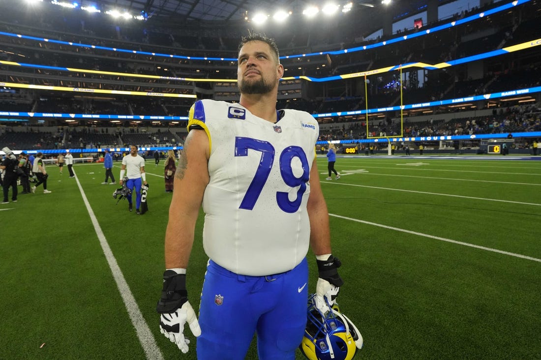 Dec 3, 2023; Inglewood, California, USA; Los Angeles Rams offensive tackle Rob Havenstein (79) reacts after the game against the Cleveland Browns at SoFi Stadium. Mandatory Credit: Kirby Lee-USA TODAY Sports