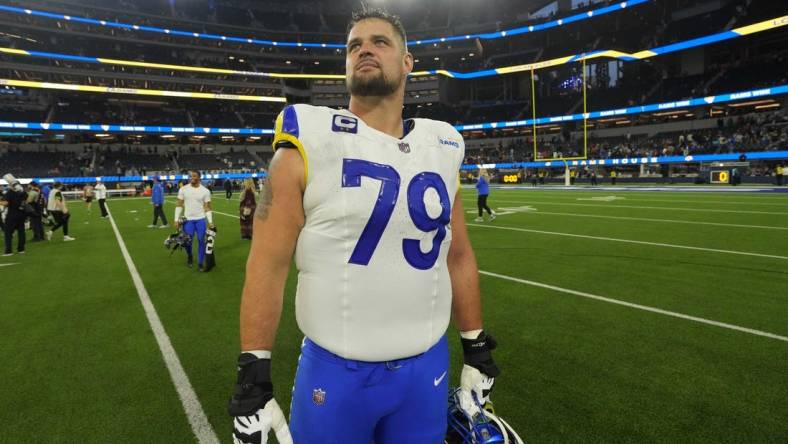 Dec 3, 2023; Inglewood, California, USA; Los Angeles Rams offensive tackle Rob Havenstein (79) reacts after the game against the Cleveland Browns at SoFi Stadium. Mandatory Credit: Kirby Lee-USA TODAY Sports