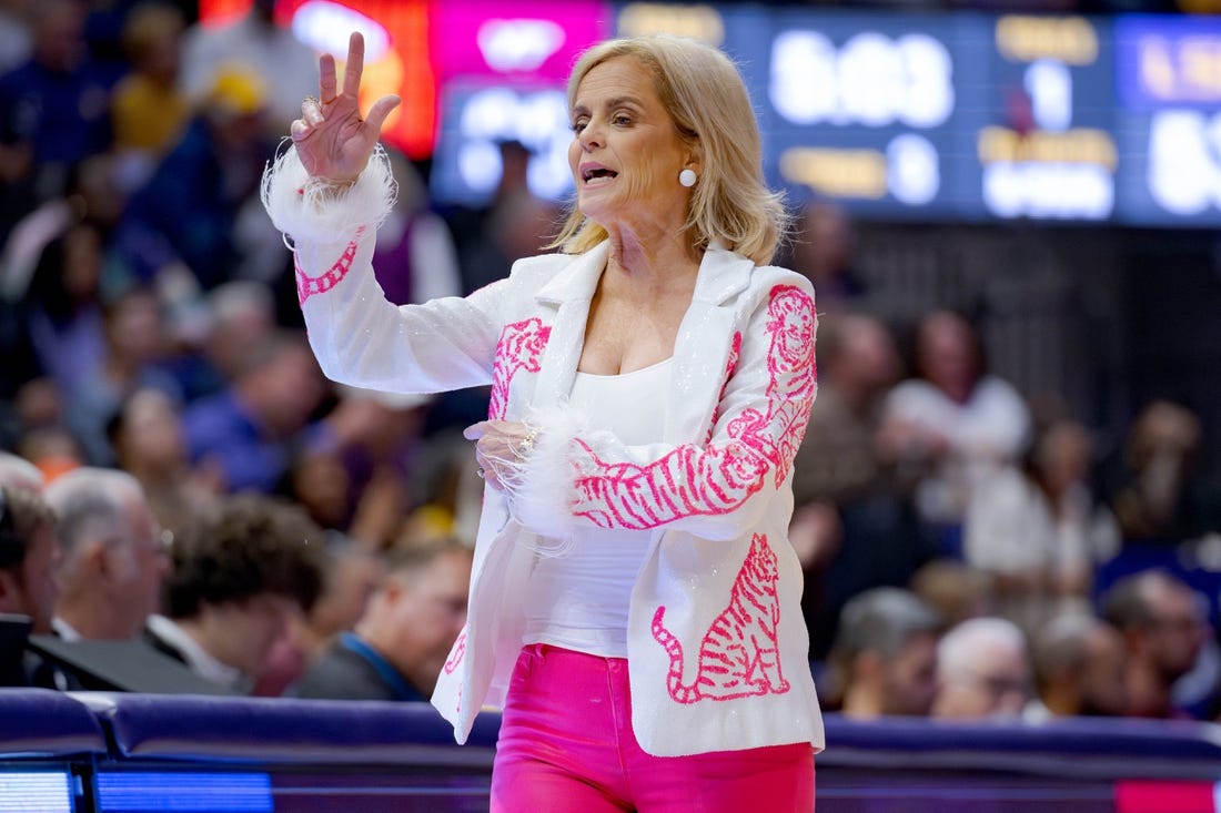 Nov 30, 2023; Baton Rouge, Louisiana, USA; LSU Lady Tigers head coach Kim Mulkey reacts during the second half at Pete Maravich Assembly Center. Mandatory Credit: Matthew Hinton-USA TODAY Sports