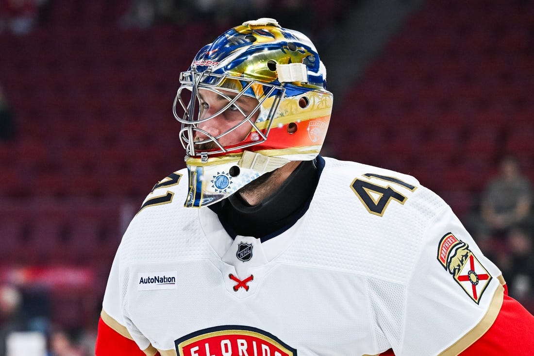 Nov 30, 2023; Montreal, Quebec, CAN; Florida Panthers goalie Anthony Stolarz (41) looks on during warm-up before the game against the Montreal Canadiens at Bell Centre. Mandatory Credit: David Kirouac-USA TODAY Sports