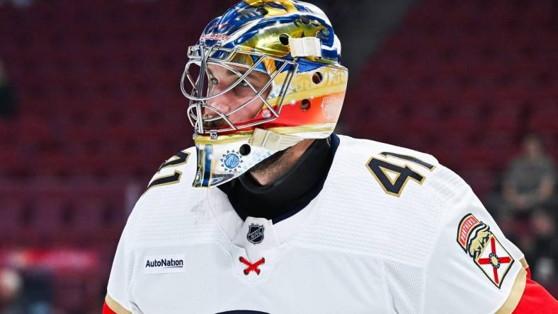 Nov 30, 2023; Montreal, Quebec, CAN; Florida Panthers goalie Anthony Stolarz (41) looks on during warm-up before the game against the Montreal Canadiens at Bell Centre. Mandatory Credit: David Kirouac-USA TODAY Sports