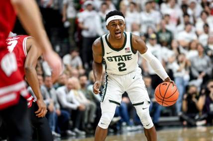 Michigan State's Tyson Walker calls out to teammates during the first half in the game against Wisconsin on Tuesday, Dec. 5, 2023, at the Breslin Center in East Lansing.