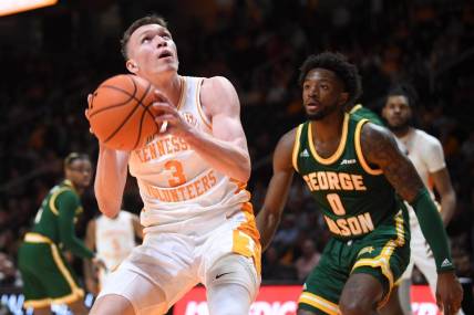 Tennessee guard Dalton Knecht (3) takes a shot during an NCAA college basketball game between Tennessee and George Mason at Thompson-Boling Arena at Food City Center, Tuesday, Dec. 5, 2023.