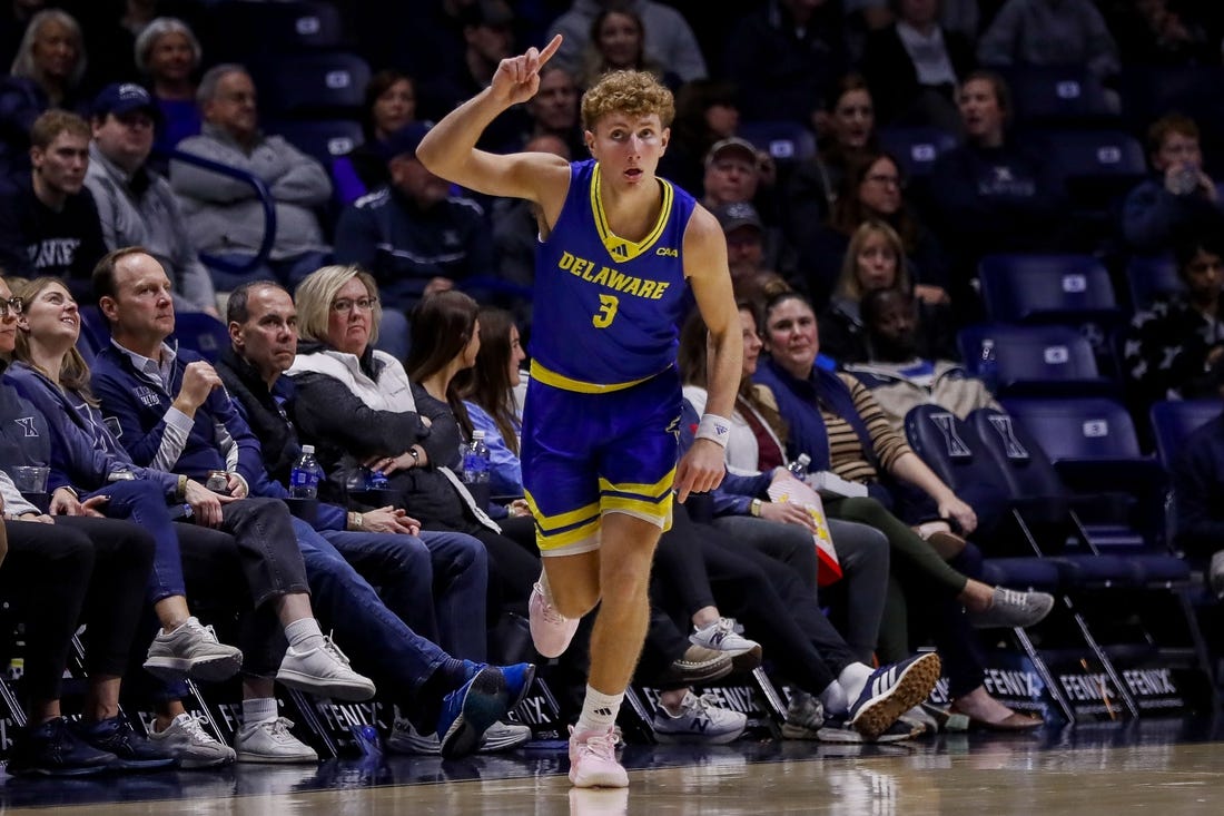 Dec 5, 2023; Cincinnati, Ohio, USA; Delaware Blue Hens guard Cavan Reilly (3) reacts after a play against the Xavier Musketeers in the first half at Cintas Center. Mandatory Credit: Katie Stratman-USA TODAY Sports