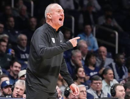 Butler Bulldogs head coach Thad Matta yells to players on the court Tuesday, Dec. 5, 2023, during the game at Hinkle Fieldhouse in Indianapolis.