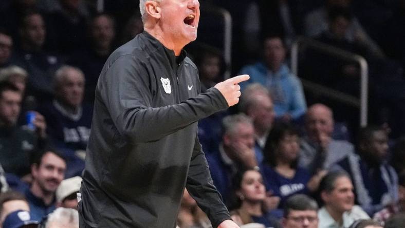 Butler Bulldogs head coach Thad Matta yells to players on the court Tuesday, Dec. 5, 2023, during the game at Hinkle Fieldhouse in Indianapolis.