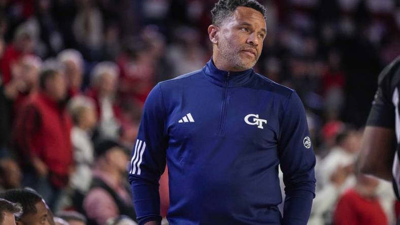 Dec 5, 2023; Athens, Georgia, USA; Georgia Tech Yellow Jackets head coach Damon Stoudamire reacts against the Georgia Bulldogs during the second half at Stegeman Coliseum. Mandatory Credit: Dale Zanine-USA TODAY Sports