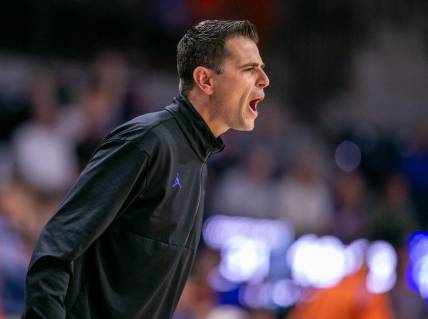 Florida Gators head coach Todd Golden yells during second half action of an NCAA basketball game as Florida Gators take on Merrimack College Warrors at Exactech Areana in Gainesville, FL on Tuesday, December 5, 2023. [Alan Youngblood/Gainesville Sun]