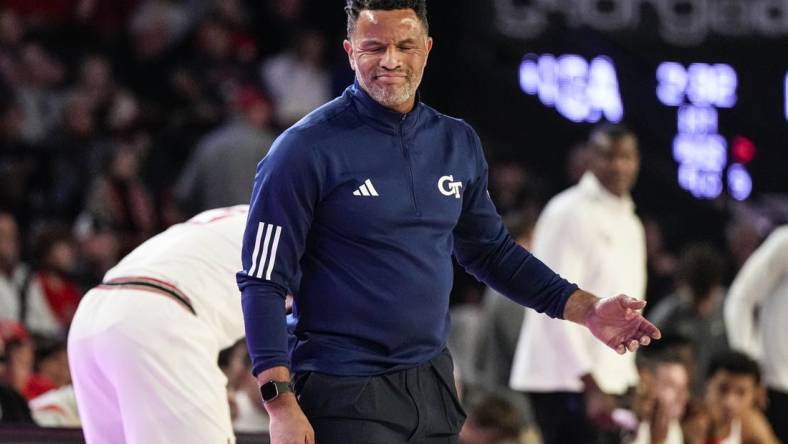 Dec 5, 2023; Athens, Georgia, USA; Georgia Tech Yellow Jackets head coach Damon Stoudamire reacts during the game against the Georgia Bulldogs at Stegeman Coliseum. Mandatory Credit: Dale Zanine-USA TODAY Sports