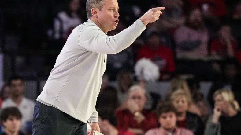 Dec 5, 2023; Athens, Georgia, USA; Georgia Bulldogs head coach Mike White reacts during the game against the Georgia Tech Yellow Jackets at Stegeman Coliseum. Mandatory Credit: Dale Zanine-USA TODAY Sports