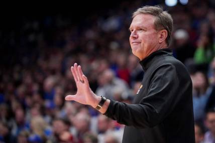 Dec 5, 2023; Lawrence, Kansas, USA; Kansas Jayhawks head coach Bill Self gestures to players against the UMKC Kangaroos during the second half at Allen Fieldhouse. Mandatory Credit: Denny Medley-USA TODAY Sports