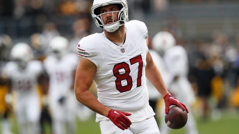 Dec 3, 2023; Pittsburgh, Pennsylvania, USA;  Arizona Cardinals tight end Geoff Swaim (87) warms up before the game against the Pittsburgh Steelers at Acrisure Stadium. Mandatory Credit: Charles LeClaire-USA TODAY Sports