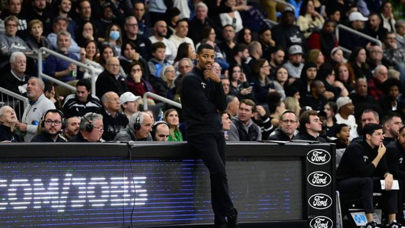 Dec 2, 2023; Providence, Rhode Island, USA; Providence Friars head coach Kim English looks on during the second half against the Rhode Island Rams at Amica Mutual Pavilion. Mandatory Credit: Eric Canha-USA TODAY Sports