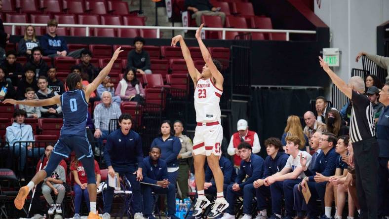 Dec 3, 2023; Stanford, California, USA; Stanford Cardinal forward Brandon Angel (23) shoots the ball against San Diego Toreros guard Kevin Patton Jr. (0) during the first half at Maples Pavilion. Mandatory Credit: Robert Edwards-USA TODAY Sports