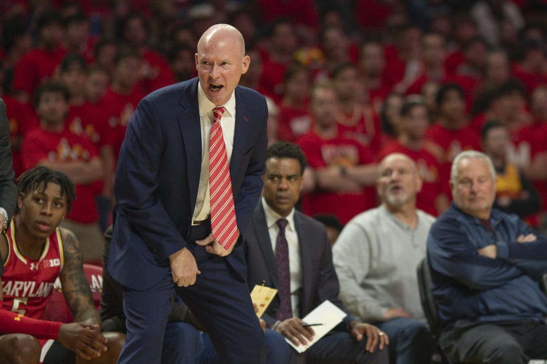 Dec 6, 2023; College Park, Maryland, USA;  Maryland Terrapins head coach Kevin Willard reacts during the first half against the Penn State Nittany Lions at Xfinity Center. Mandatory Credit: Tommy Gilligan-USA TODAY Sports