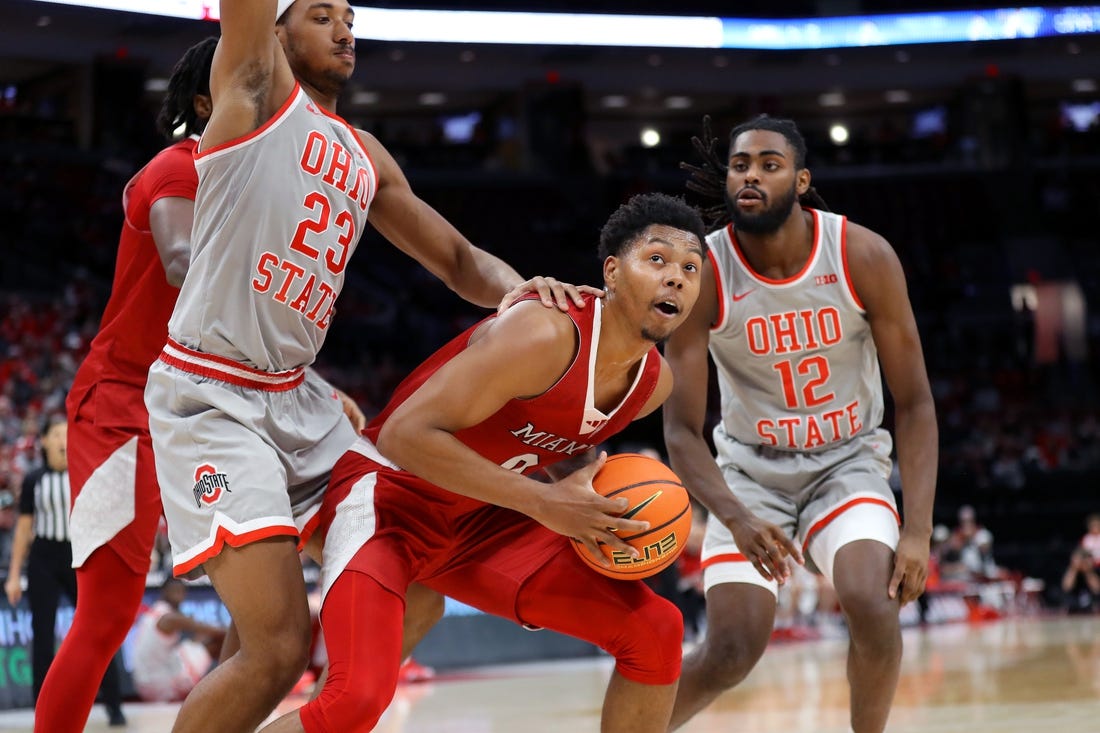 Dec 6, 2023; Columbus, Ohio, USA; Miami (Oh) Redhawks guard Eian Elmer (0) looks to score as Ohio State Buckeyes forward Zed Key (23) and guard Evan Mahaffey (12) defend during the first half at Value City Arena. Mandatory Credit: Joseph Maiorana-USA TODAY Sports