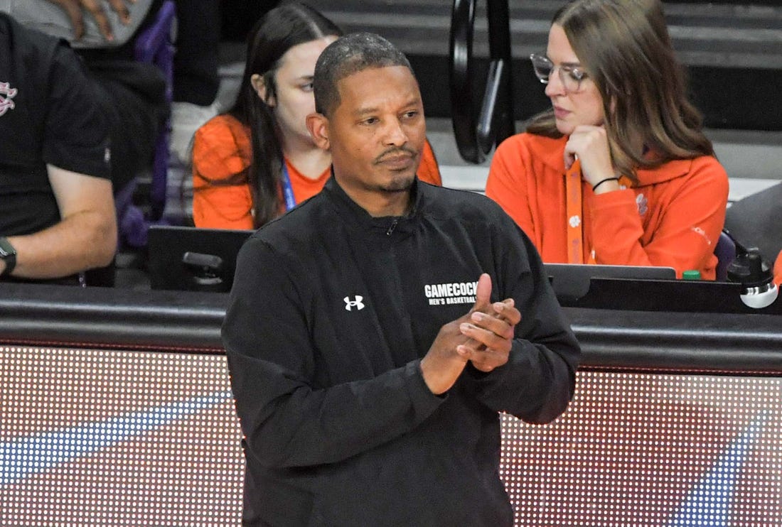 Dec 6, 2023; Clemson, South Carolina, USA; University of South Carolina Head Coach Lamont Paris during the first half  at Littlejohn Coliseum. Mandatory Credit: Ken Ruinard-USA TODAY Sports