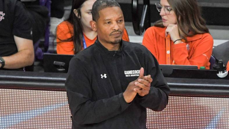 Dec 6, 2023; Clemson, South Carolina, USA; University of South Carolina Head Coach Lamont Paris during the first half  at Littlejohn Coliseum. Mandatory Credit: Ken Ruinard-USA TODAY Sports