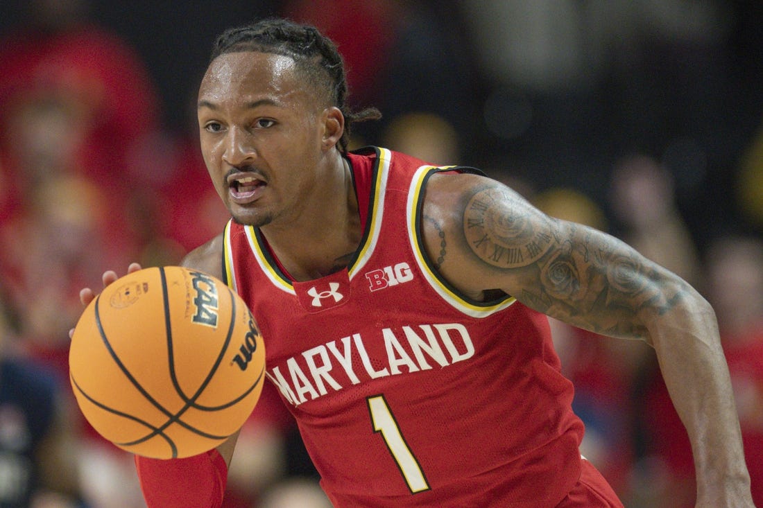 Dec 6, 2023; College Park, Maryland, USA;  Maryland Terrapins guard Jahmir Young (1) dribble sup the court during the second half against the Penn State Nittany Lions at Xfinity Center. Mandatory Credit: Tommy Gilligan-USA TODAY Sports