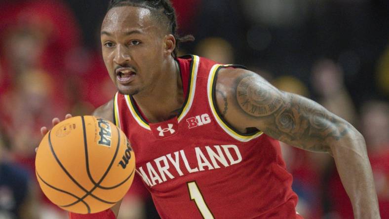 Dec 6, 2023; College Park, Maryland, USA;  Maryland Terrapins guard Jahmir Young (1) dribble sup the court during the second half against the Penn State Nittany Lions at Xfinity Center. Mandatory Credit: Tommy Gilligan-USA TODAY Sports