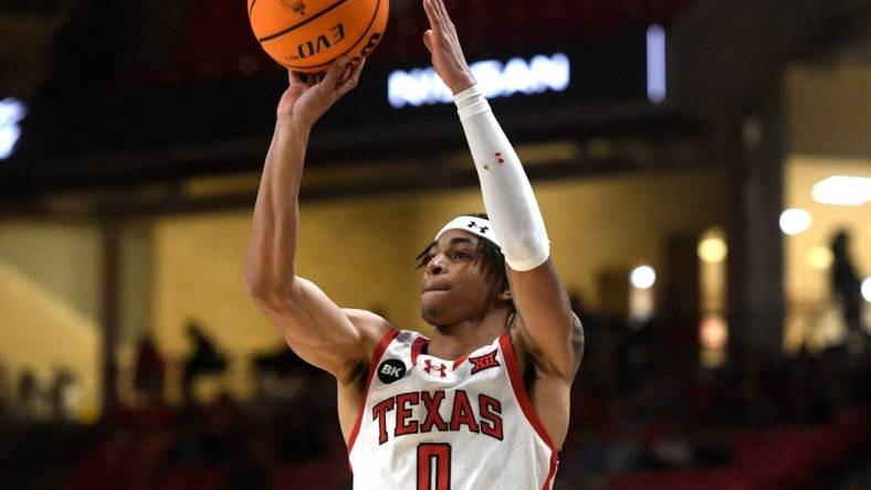 Texas Tech's guard Chance McMillian (0) shoots the ball against Omaha in a non-conference basketball game, Wednesday, Dec. 6, 2023, at United Supermarkets Arena.