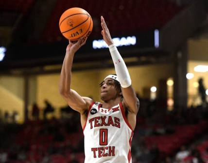 Texas Tech's guard Chance McMillian (0) shoots the ball against Omaha in a non-conference basketball game, Wednesday, Dec. 6, 2023, at United Supermarkets Arena.