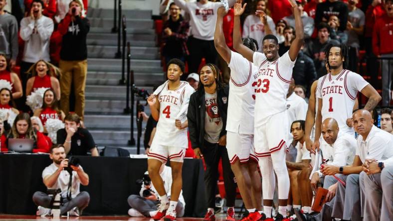 Dec 6, 2023; Raleigh, North Carolina, USA; North Carolina State Wolfpack bench reacts during the second half against Maryland-Eastern Shore Hawks at James T. Valvano Arena at William Neal Reynolds. Mandatory Credit: Jaylynn Nash-USA TODAY Sports