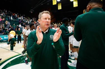 Dec 6, 2023; Fort Collins, Colorado, USA; Colorado State Rams head coach Niko Medved after the game against the Denver Pioneers at Moby Arena. Mandatory Credit: Isaiah J. Downing-USA TODAY Sports