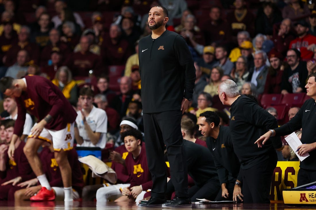 Dec 6, 2023; Minneapolis, Minnesota, USA; Minnesota Golden Gophers head coach Ben Johnson looks on during the first half against the Nebraska Cornhuskers at Williams Arena. Mandatory Credit: Matt Krohn-USA TODAY Sports