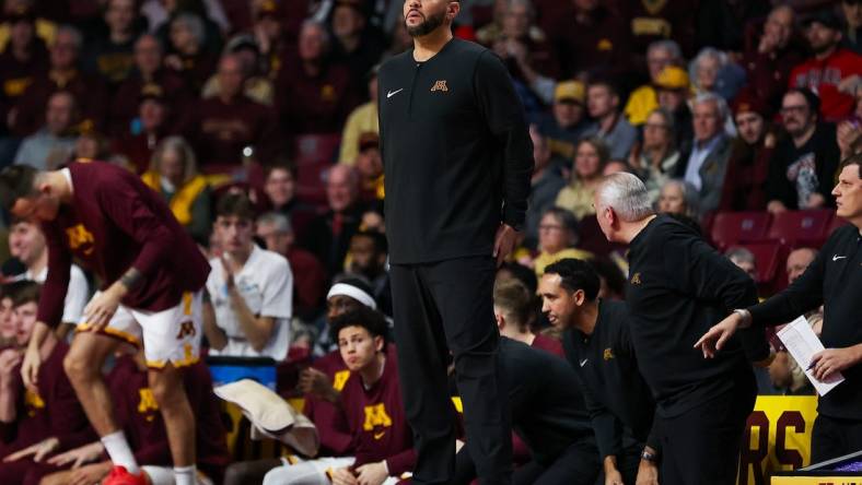 Dec 6, 2023; Minneapolis, Minnesota, USA; Minnesota Golden Gophers head coach Ben Johnson looks on during the first half against the Nebraska Cornhuskers at Williams Arena. Mandatory Credit: Matt Krohn-USA TODAY Sports