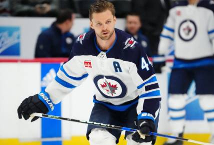 Dec 7, 2023; Denver, Colorado, USA; Winnipeg Jets defenseman Josh Morrissey (44) before the game against the Colorado Avalanche at Ball Arena. Mandatory Credit: Ron Chenoy-USA TODAY Sports
