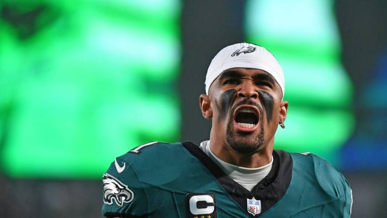 Dec 3, 2023; Philadelphia, Pennsylvania, USA; Philadelphia Eagles quarterback Jalen Hurts (1) during player introductions against the San Francisco 49ers at Lincoln Financial Field. Mandatory Credit: Eric Hartline-USA TODAY Sports