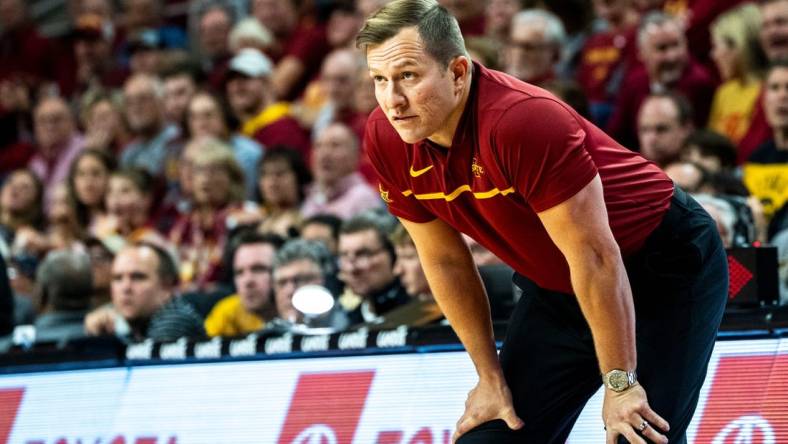 Iowa State head coach T.J. Otzelberger watches play during a basketball game at Hilton Coliseum on Thursday, Dec. 7, 2023, in Ames.